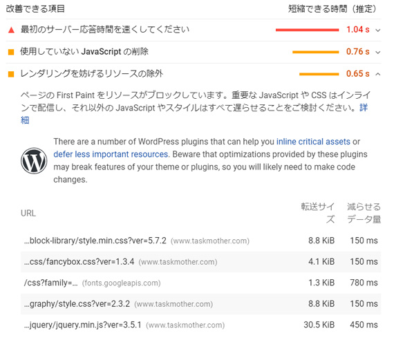 レンダリングを防げるリソースの除外　0.77s　→　0.65sに。