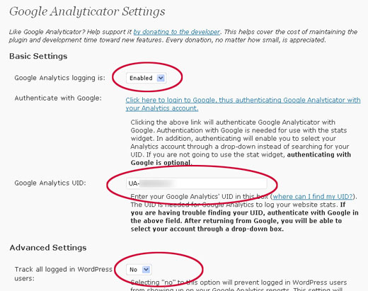Google Analyticator設定画面・その1 Google Analyticator設定画面・その1
