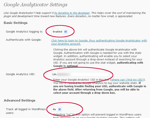 Google Analyticator設定画面・その１