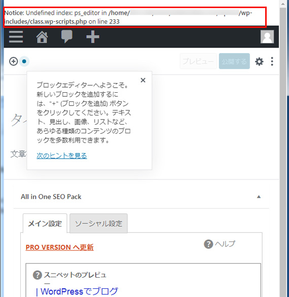 WP5.2.1でもデバッグONで警告メッセージが表示されている